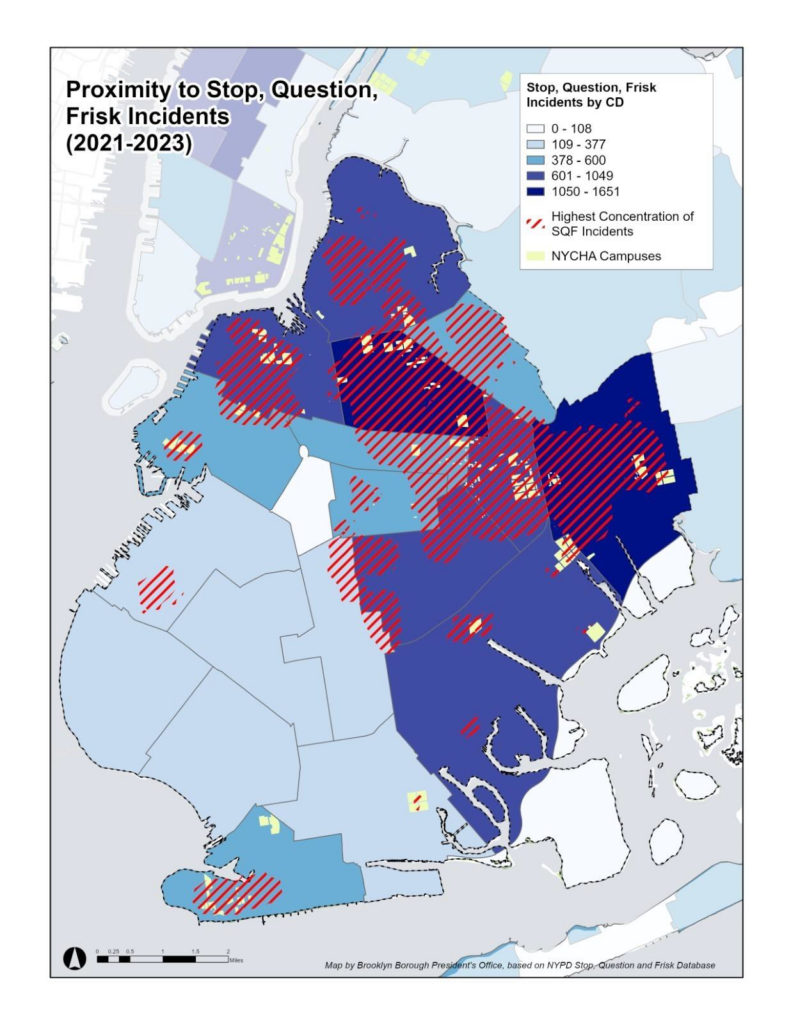 A Graphic map depicting the "Proximity to Stop, Question, Frisk Incident" in 2021-2023. 