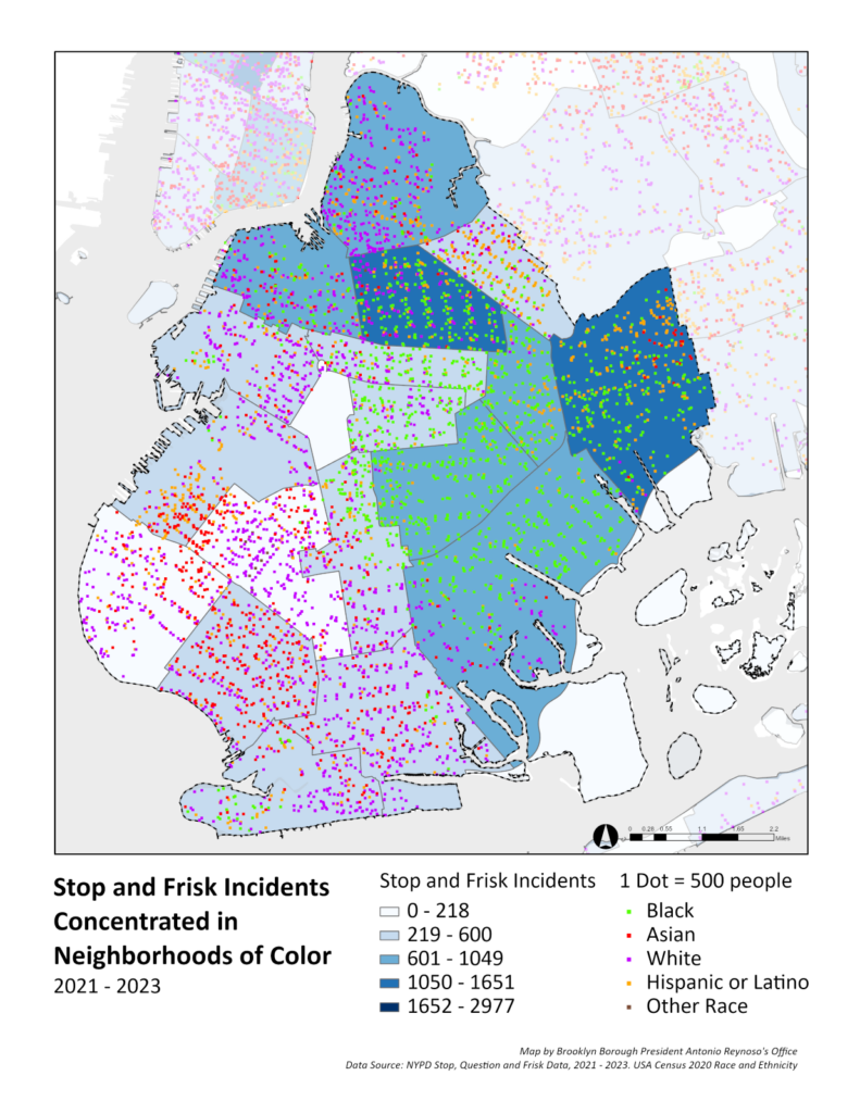 A Graphic map depicting the "Stop and Frisk Incidents Concentrated in Neighborhoods of Color" in 2021 - 2023. 